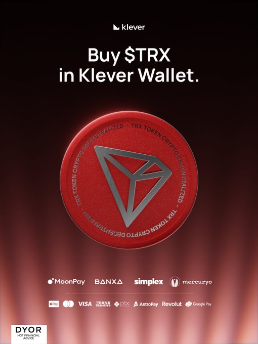 An advertisement for 'klever' reads 'Buy $TRX in Klever Wallet' above a large red TRX cryptocurrency coin, with partner logos including MoonPay, BANXA, and simplex.