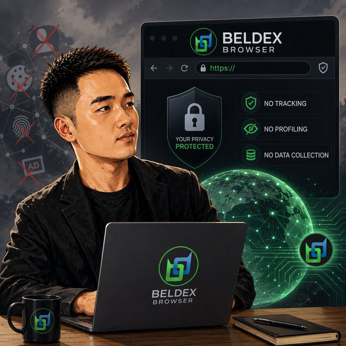 A digital illustration of a young man using a laptop displaying the "BELDEX BROWSER" logo, with a browser interface behind him showing privacy features: "NO TRACKING", "NO PROFILING", and "NO DATA COLLECTION".