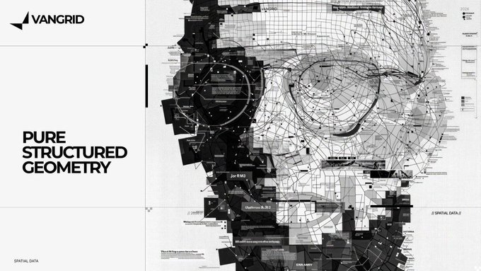 A black and white graphic design titled 'VANGRID' with 'PURE STRUCTURED GEOMETRY' and 'SPATIAL DATA' text, featuring a complex map-like illustration of geometric shapes and data points.