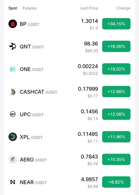 A cryptocurrency price tracker showing gainers on spot market including BP/USDT (+34.15%), QNT/USDT (+19.26%), ONE/USDT (+19.02%), CASHCAT/USDT (+12.98%), UPC/USDT (+12.08%), XPL/USDT (+11.96%), AERO/USDT (+10.35%), and NEAR/USDT (+8.82%).