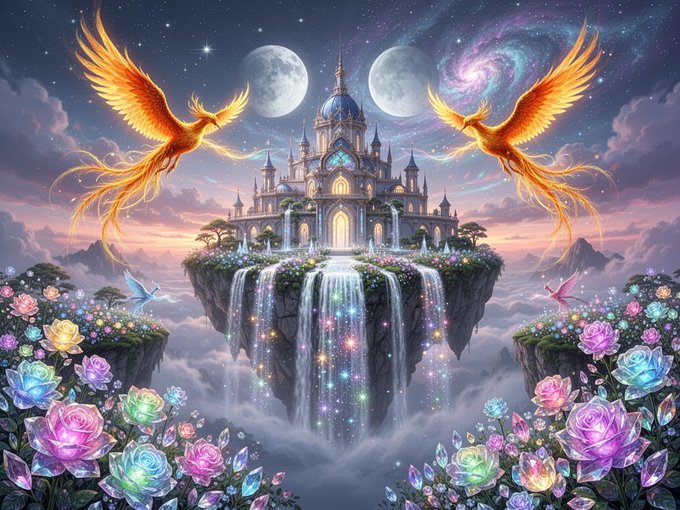 The image features a painting of two golden birds flying over a castle with a waterfall, surrounded by flowers and stars. The sky above them has a mix of clouds and stars, creating an enchanting atmosphere. The painting also includes a watermark that reads "juneaiart #AIart #JuneAI #AIartwork #AI #Privacy #Web3 #AskJuneAI #juneaiart".