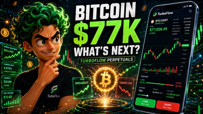 A vibrant promotional graphic for TurboFlow Perpetuals featuring a cartoon character with green hair, asking 'BITCOIN $77K WHAT'S NEXT?' alongside a Bitcoin trading chart showing BTC/USDT at $77,026.45.