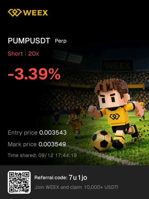 A WEEX trading interface showing a PUMPUSDT Perp short position at 20x leverage with -3.39% return, entry price 0.003543, mark price 0.003549, and a referral code '7u1jo'.