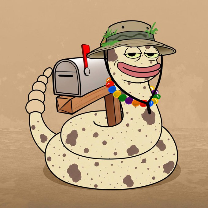 A cartoon illustration depicts a smiling snake wearing a boonie hat and a colorful beaded necklace, coiled up with a mailbox behind it.