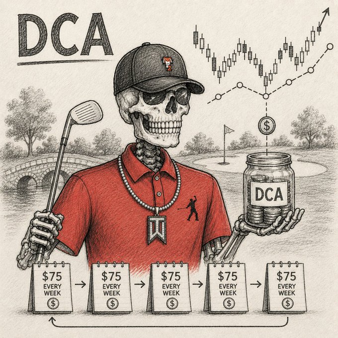 An illustration promoting 'DCA' (Dollar-Cost Averaging) shows a skeleton in a red polo shirt and cap holding a golf club and a jar labeled 'DCA' filled with coins, with a stock chart trending upward and five calendars at the bottom each marked '$75 EVERY WEEK'.