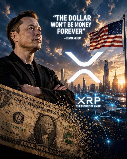 The image shows Elon Musk pictured above a weathered U.S. dollar bill, with the quote "The Dollar Won't Be Money Forever" attributed to him, alongside the XRP logo and "XRP - The Future of Value" set against a futuristic city skyline with glowing blue network lines and an American flag—visually linking Musk's warning about the dollar's future with XRP's positioning as a potential successor in the evolving financial system.