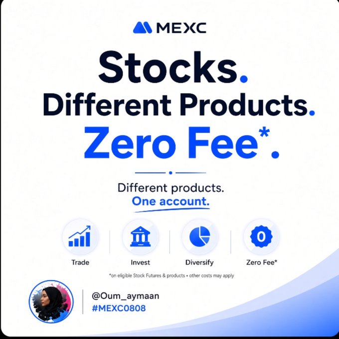A MEXC cryptocurrency exchange advertisement promoting 'Stocks. Different Products. Zero Fee' with features for Trade, Invest, Diversify, credited to user @Oum_aymaan with code #MEXC0808.