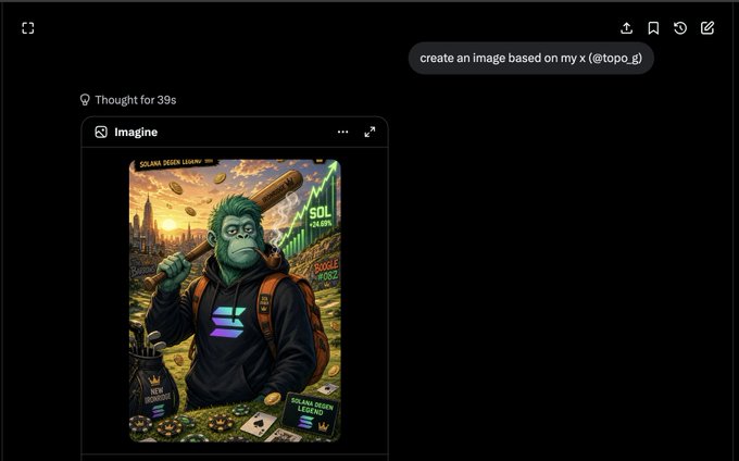 An AI image generation interface showing a prompt to create an image based on @topo_g, displaying a stylized illustration of a green-skinned character holding a bat with Solana logo text and "SOL +0.40%".