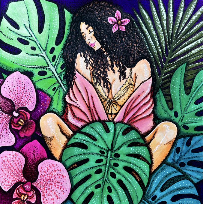 A vibrant painting of a woman with long curly dark hair and a pink flower in her hair, sitting amidst lush green monstera leaves and pink orchids.