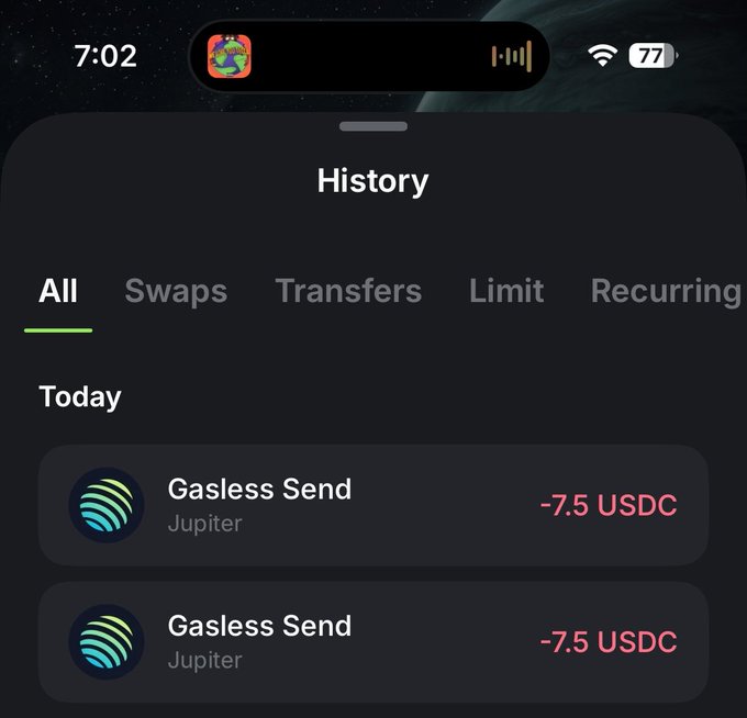 A screenshot showing two "Gasless Send" transactions via Jupiter, each for -7.5 USDC, listed in the "History" tab of an app. This appears to be the giveaway payouts, with a total of 15 USDC being sent gaslessly to two winners (@Noble_01_ and @0xSue24) without requiring them to pay transaction fees.