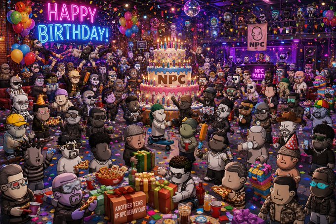 A chaotic, colorful illustration of a large party with cartoon-style characters celebrating 'HAPPY BIRTHDAY!' and 'NPC PARTY,' featuring a large cake with 'NPC' on it and a box reading 'ANOTHER YEAR OF NPC BEHAVIOUR!'.