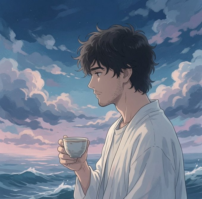 An anime-style illustration shows a young man with dark wavy hair and a white shirt holding a teacup, gazing out at the ocean under a dramatic cloudy sky.