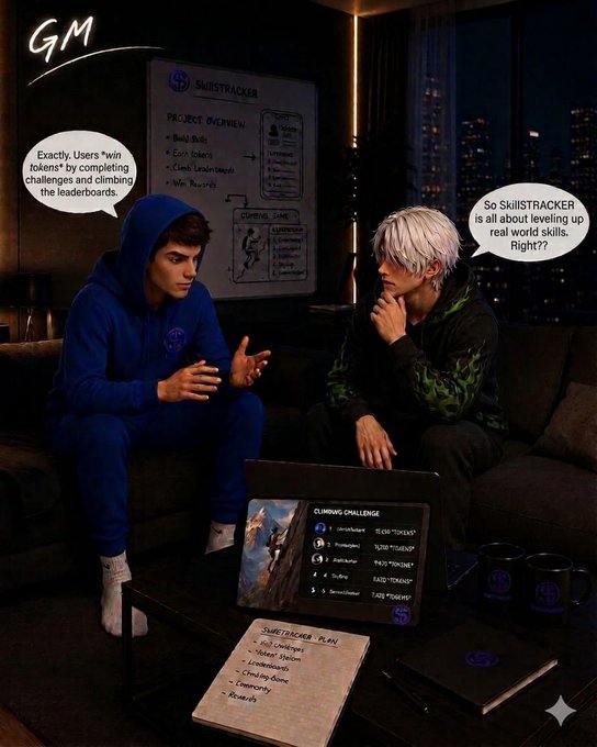 The image shows two people sitting on a couch, with one person wearing a blue hoodie and the other wearing a green hoodie. They are both looking at a laptop computer placed between them. The background of the image features a city skyline, indicating that they might be in an urban setting or a room with large windows overlooking a cityscape.