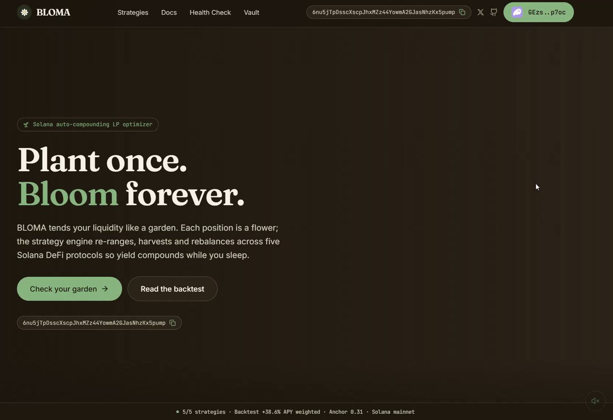 The image shows a website called BLOMA that appears to be an auto-yield vault, which allows users to deposit Solana coins and receive cold upgrades from Marinade, Orca, Raydium or Kamino within minutes after depositing them. The website also provides information about the auto-yield vault on Solana and instructions for how to use it.