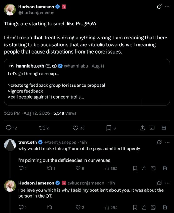 Screenshot of Twitter/X post by Hudson Jameson (@hudsonjameson) stating "Things are starting to smell like ProgPoW," with replies from hanniabu.eth and trent.eth (@trent_vanepps).