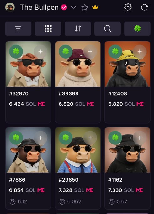A mobile screenshot of 'The Bullpen' NFT marketplace displaying six anthropomorphic cow character NFTs with prices ranging from approximately 6.4 to 7.3 SOL.