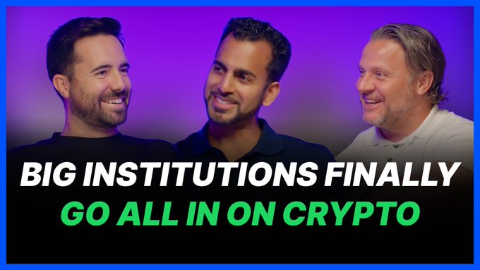 Three men smile in conversation against a purple backdrop, with bold text reading "BIG INSTITUTIONS FINALLY GO ALL IN ON CRYPTO," featuring Imran Lakha, David Brickell, and Andrew Theodosiou from Talos Trading discussing institutional crypto adoption across tokenization, stablecoins, prediction markets, and 24/7 trading infrastructure.