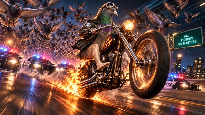 A digital illustration depicts a pigeon wearing goggles and a leather jacket riding a flaming motorcycle, being chased by police cars under a "ALL PIGEONS NO MASTERS" highway sign while a flock of pigeons fills the sky.