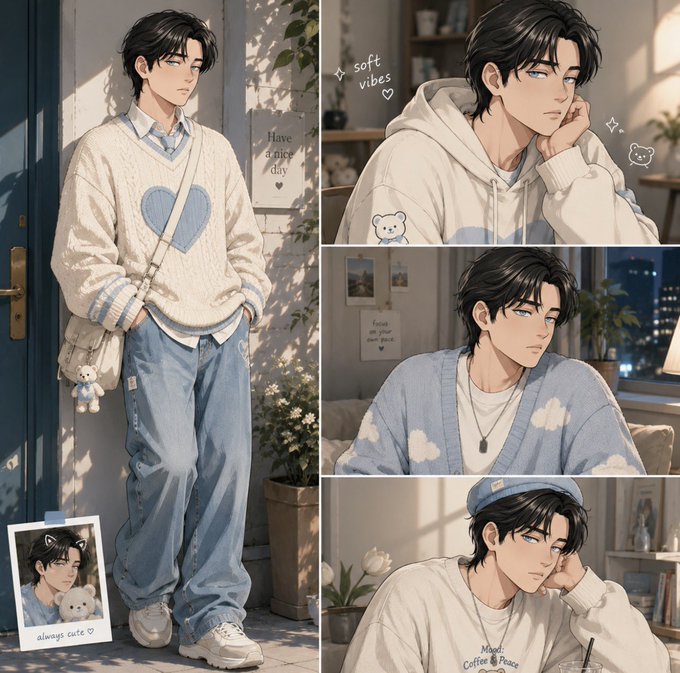 An anime-style illustration collage of a dark-haired young man in cozy sweaters and casual outfits, with text including 'soft vibes' and 'Have a nice day' and 'Mood: Coffee & Peace'.