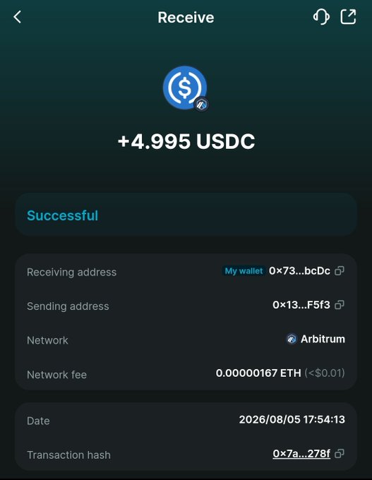 A crypto wallet app screenshot shows a successful receipt of +4.995 USDC on the Arbitrum network, with transaction details including addresses, a network fee of 0.00000167 ETH (<$0.01), dated 2026/08/05 17:54:13.