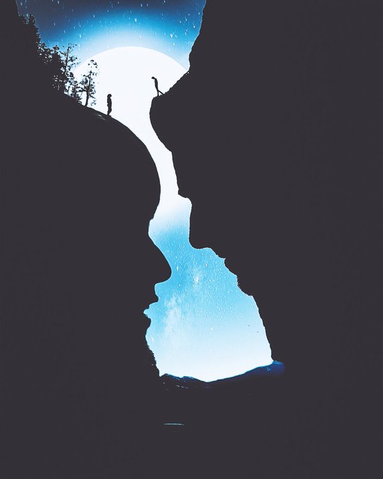 A silhouette illustration showing a starry night sky visible through a cave-like opening, where two small figures stand on a cliff edge looking out at a bright celestial body.