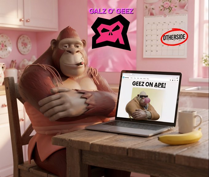 An orangutan sits at a kitchen table looking at a laptop displaying 'GEEZ ON APE!', with a poster reading 'GALZ O' GEEZ' and a calendar marking 'OTHERSIDE'.