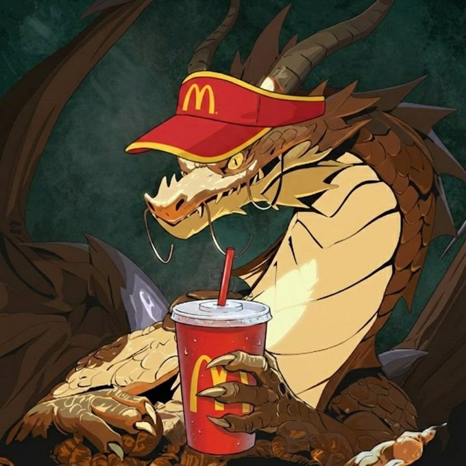 An illustration of a brown dragon wearing a red McDonald's visor and holding a McDonald's soft drink cup with a straw.