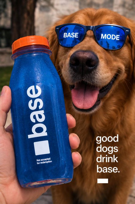 An advertisement shows a golden retriever wearing blue sunglasses with 'BASE' and 'MODE' written on the lenses, next to a hand holding a blue Base beverage bottle, with the tagline 'good dogs drink base.'