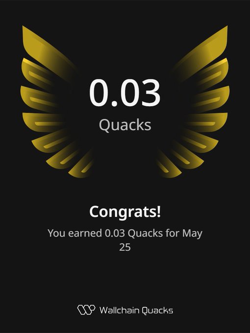 The image shows a poster or card with an illustration of a bird's wing, which has gold accents and the number 0.03 printed below it. The text "Congratulations! You earned 0.03 Quacks for May" is also present on the card. This indicates that someone has achieved a specific goal or milestone in the context of a bird-themed game or competition.