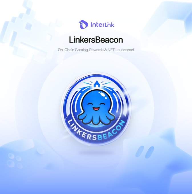 A promotional graphic for **InterLink** featuring a **LinkersBeacon** badge with a smiling blue octopus mascot, set against a light blue background with gaming controller icons, highlighting the platform's "On-Chain Gaming, Rewards & NFT Launchpad" capabilities.