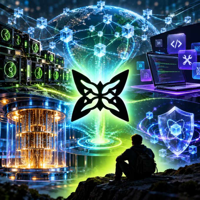 A vibrant digital artwork depicting a person sitting on a rock observing a glowing quantum computer with a butterfly symbol, quantum servers, a laptop with code, and a security shield against a cosmic background.
