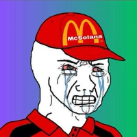 A Wojak-style cartoon character wearing a red McDonald's cap, crying with tears streaming down his face against a purple and teal gradient background.