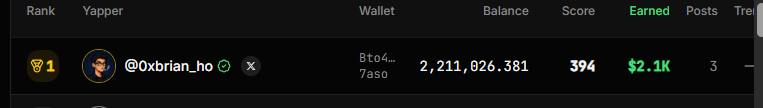 A leaderboard row shows user @0xbrian_ho in Rank 1 with a wallet balance of 2,211,026.381, a score of 394, and $2.1K earned.