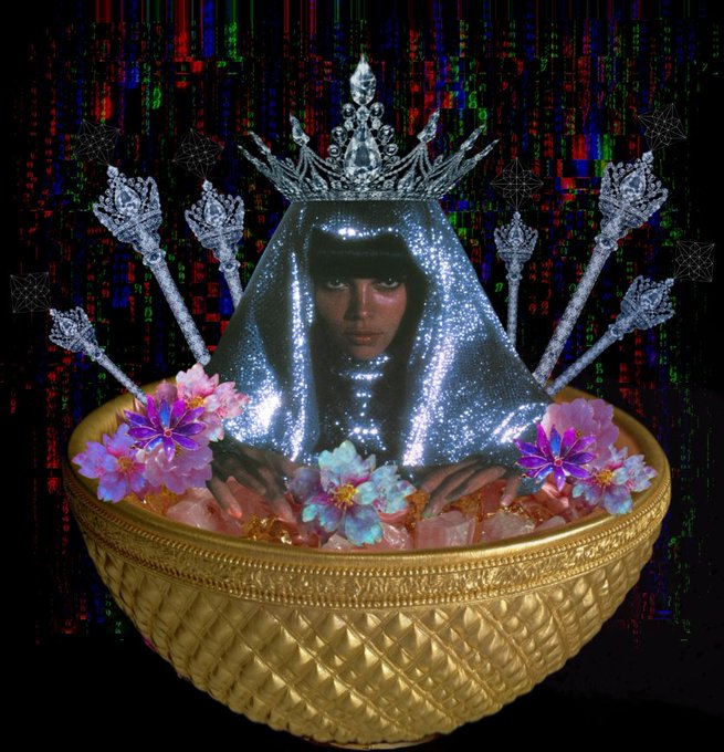 A surreal digital collage featuring a woman with dark bangs emerging from a silver, glittery veil topped with a crown, seated in a golden textured bowl adorned with pink lotus flowers and scepter-like objects against a glitchy red and green background.