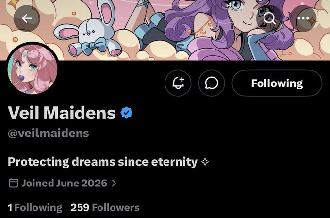 A Twitter/X profile page for "Veil Maidens" (@veilmaidens), featuring anime-style banner art with purple-haired characters and a bunny plush, showing 1 Following and 259 Followers, joined June 2026, with the bio "Protecting dreams since eternity." The image is referenced in the post as an "early bird" project to watch alongside @momoyumemi and @boisxyz.