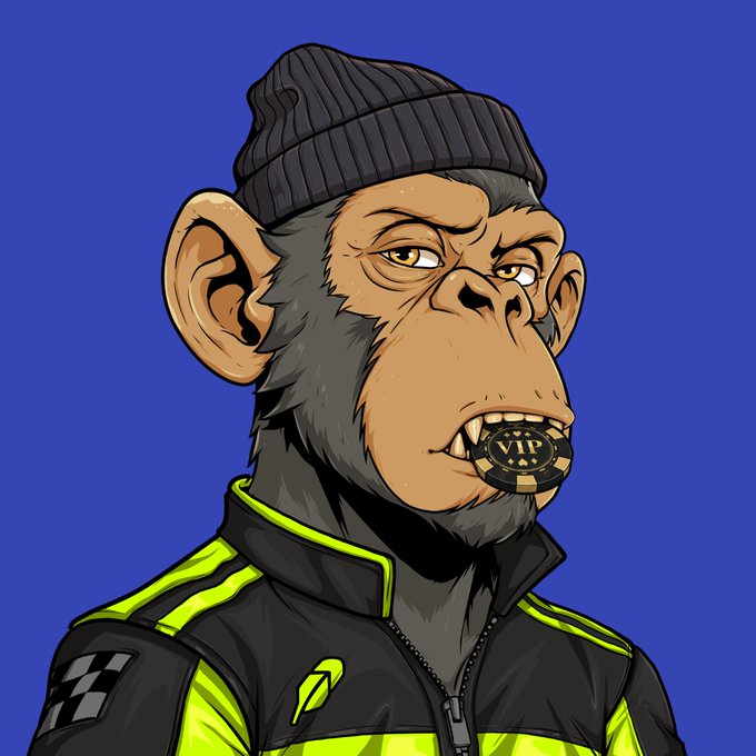 A cartoon-style NFT illustration of a chimpanzee wearing a black beanie and a black and neon green tracksuit, holding a black and gold 'VIP' coin in its mouth against a blue background.