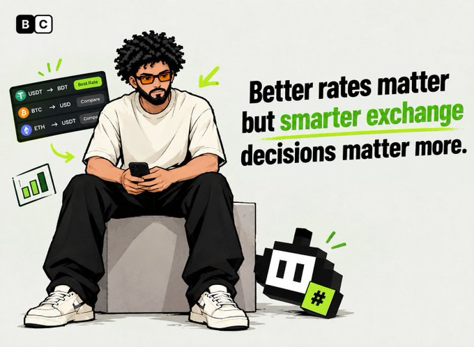 A man with curly hair and orange glasses sits on a block holding a phone, surrounded by floating cryptocurrency exchange rate displays (USDT, BTC, ETH) and a chart icon, with a pixelated black robot character beside him. The image illustrates the post's message—reinforced by the bold text "Better rates matter but smarter exchange decisions matter more"—that savvy crypto traders should evaluate more than just the headline exchange rate before swapping tokens.