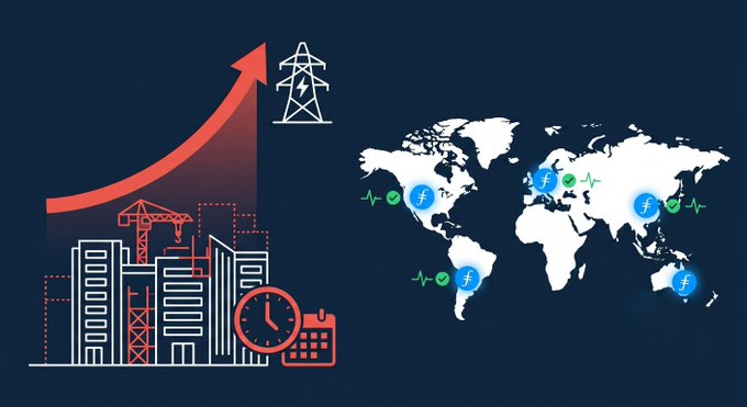 The image is a cartoon depiction of buildings growing and expanding rapidly, reaching towards the sky with their arms extended outwards. The background features two maps - one showing different cities around the world and another displaying an upward-pointing arrow suggesting growth. The primary focus is on the two graphs: one representing the power consumption in global data centers over time, and another illustrating the projected growth of these centers by 2037, depicting them as a continuous expansion across the continents.