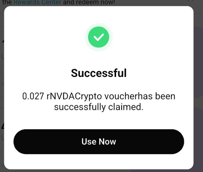 A success confirmation pop-up showing '0.027 rNVDACrypto voucher has been successfully claimed' with a 'Use Now' button.