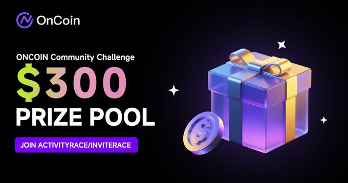 A promotional graphic for the OnCoin Community Challenge featuring the OnCoin logo, a 3D gift box with a purple and gold ribbon, and a coin with the OnCoin symbol. The text announces a "$300 PRIZE POOL" and invites users to "JOIN ACTIVITYRACE/INVITERACE," aligning with the OnCoin Telegram Community Challenge and X Giveaway offering rewards based on chat activity over a 10-day period.