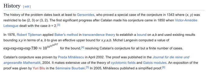 The image shows a Wikipedia "History" section about Catalan's conjecture, mentioning Preda Mihăilescu's 2002 proof and Victor-Amédée Lebesgue's 1850 progress. The caption's joke plays on the displayed bound "exp exp exp exp 730 ≈ 10^(10^(10^10^317))"—an astronomically large but technically finite number of cases Mihăilescu needed to check, humorously framed as mathematicians calling the problem "trivial" when the finite check involves an incomprehensibly huge exponent tower.