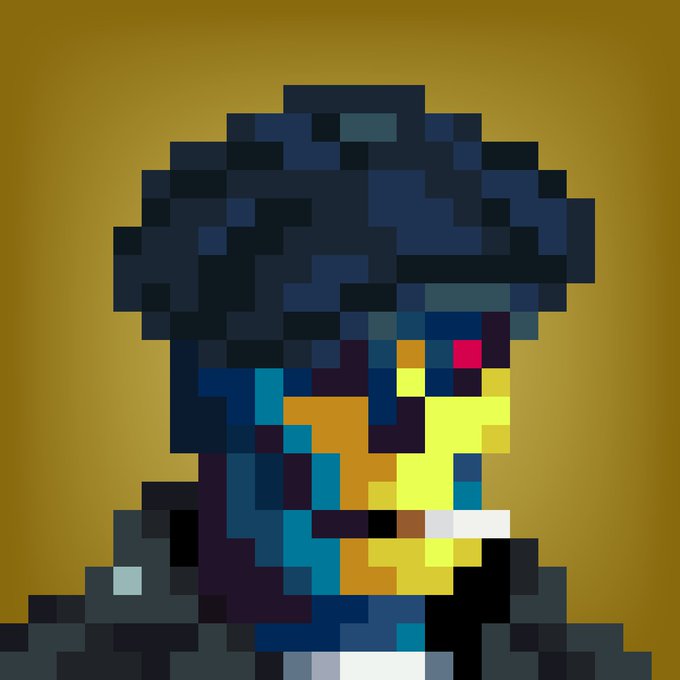 A highly stylized, pixelated portrait of a person with dark hair, set against a solid mustard yellow background, featuring blocks of yellow, blue, and red colors.