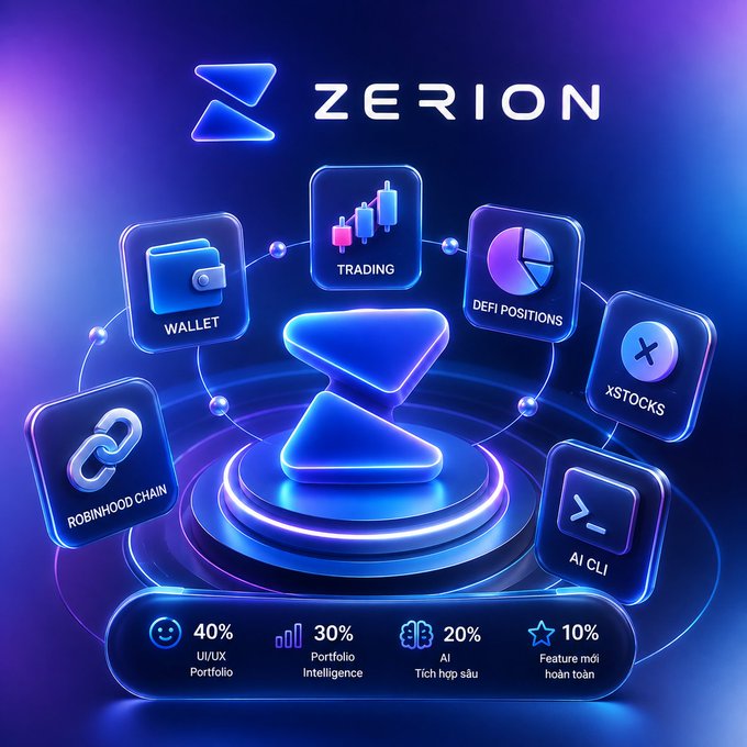 Marketing graphic for 'ZERION' cryptocurrency platform displaying connected feature icons including Wallet, Trading, DeFi Positions, xStocks, Robinhood Chain, and AI CLI, with percentages for UI/UX Portfolio, Portfolio Intelligence, AI integration, and Vietnamese text.