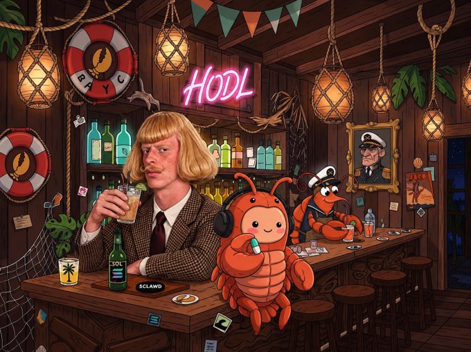 An AI-generated illustration of a nautical-themed bar with a pink neon "HODL" sign, featuring a man with a bowl cut, an orange lobster-like creature wearing headphones, and a shrimp character in a captain's hat.