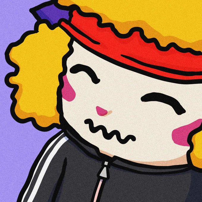 A colorful cartoon illustration shows a character with blonde curly hair wearing a red headband with a party hat, displaying a wavy grimace expression against a purple and yellow background.