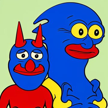 A cartoon illustration featuring a blue demon-like figure with red horns and a blue blob character with big eyes on a green background.
