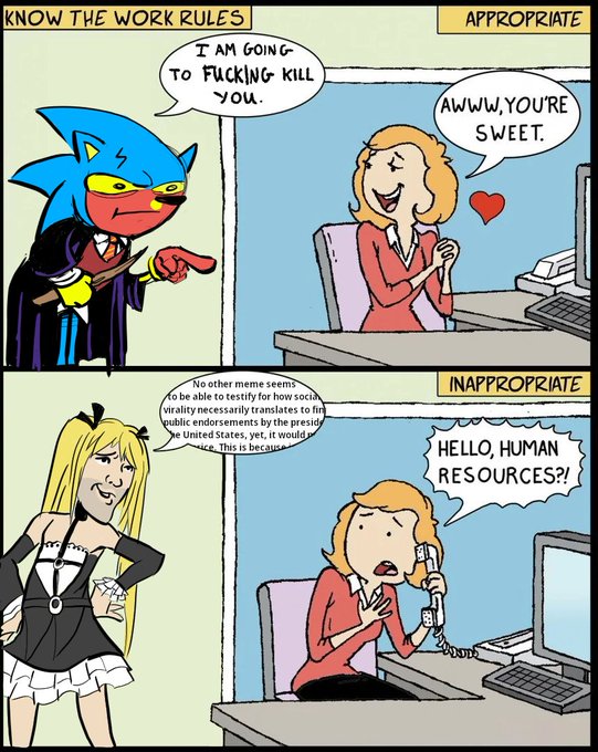 A four-panel meme titled 'KNOW THE WORK RULES' contrasting 'APPROPRIATE' and 'INAPPROPRIATE' workplace behavior using cartoon characters and superimposed text.