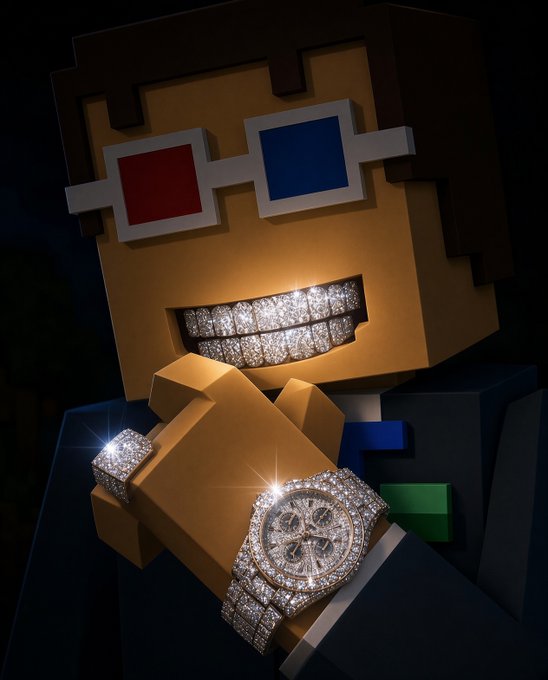A pixelated blocky character wearing 3D glasses shows off a diamond-encrusted smile while flexing a sparkling Audemars Piguet watch, tying into the post's playful crypto/Web3 "clocking in" energy with the ticker symbols and bullish sentiment.