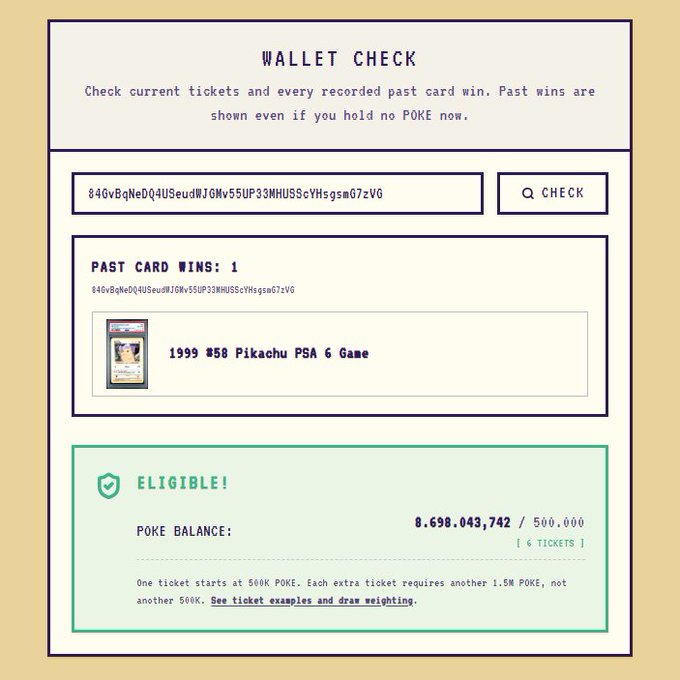 A "Wallet Check" interface showing a Pokémon card wallet has 1 past card win—a 1999 #58 Pikachu PSA 6 Game card—and an $POKE token balance of 8,698,043,742 (enough for 6 tickets) marked "ELIGIBLE!", indicating the wallet is qualified to participate in a Pokémon-themed token airdrop.