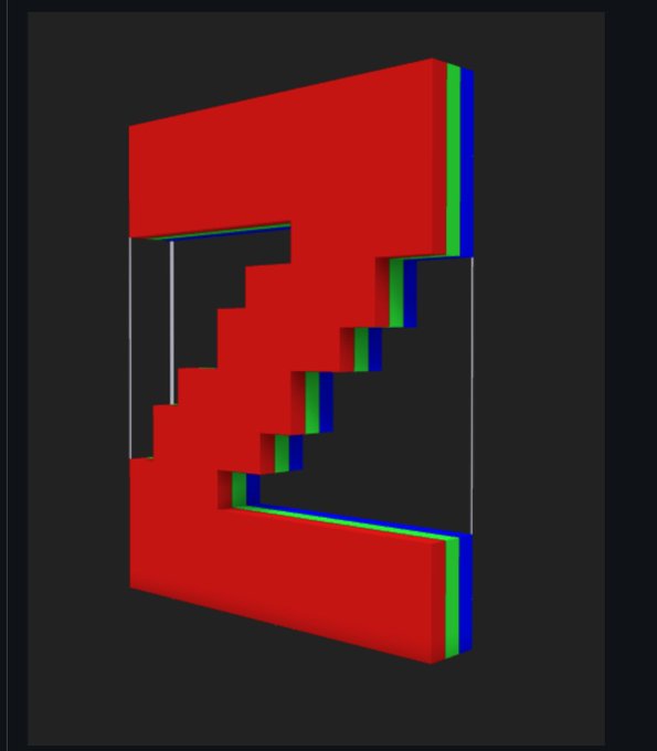 A 3D graphic featuring a red letter 'Z' or similar blocky shape with green and blue chromatic aberration effects against a black background.